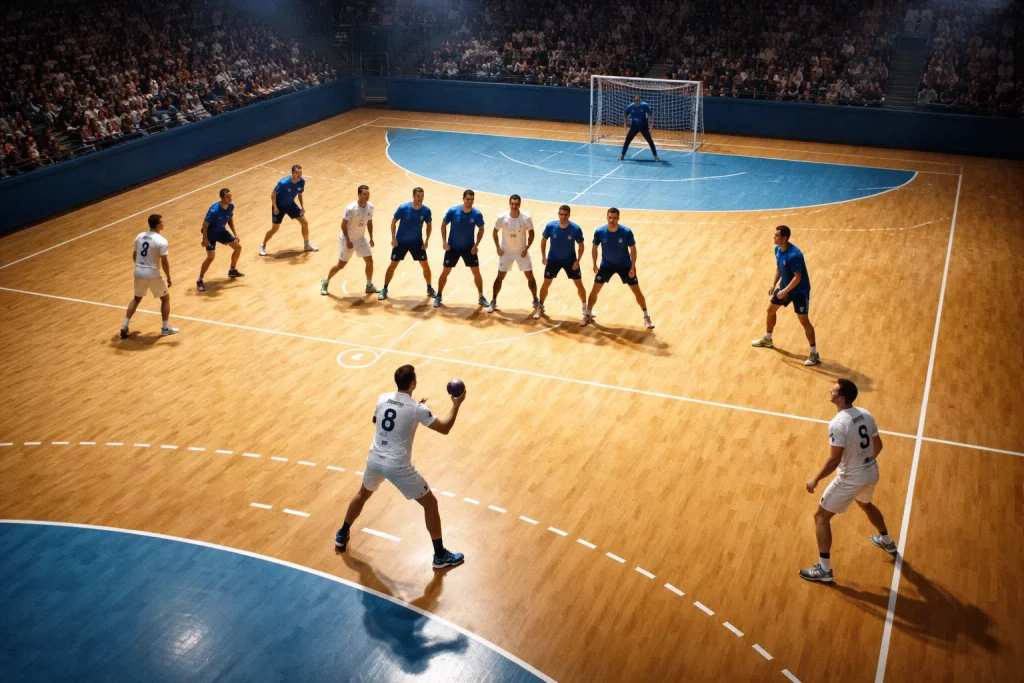 Vue plongeante sur un terrain de handball pendant un match avec les lignes du terrain bien visibles