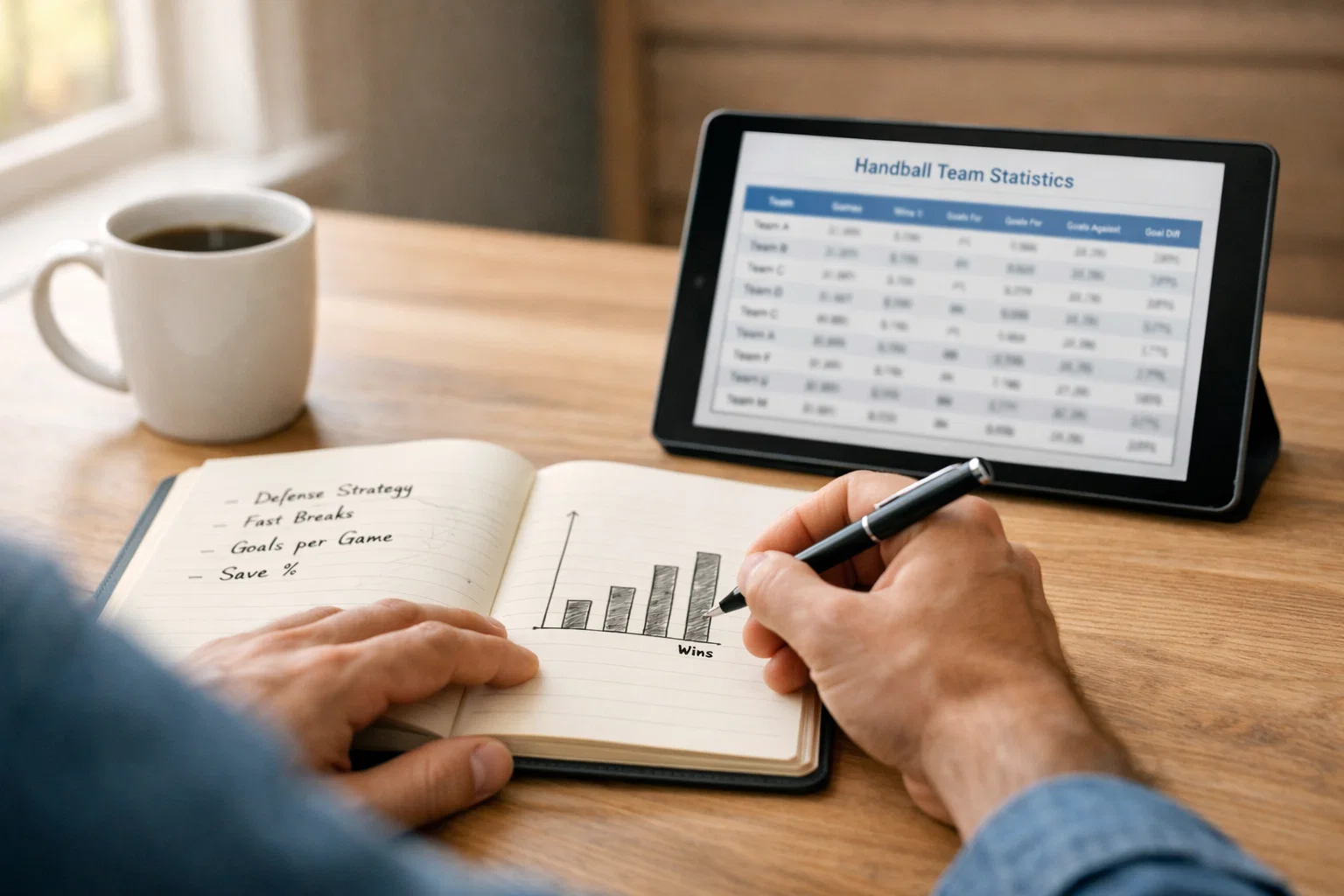 Personne analysant des statistiques de handball sur un bureau avec notes et graphiques