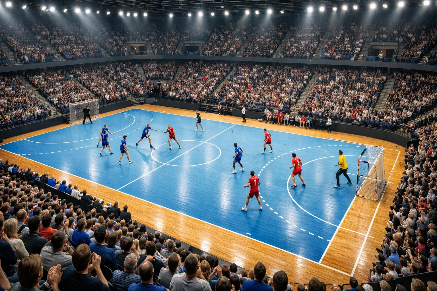 Match de handball en salle avec deux équipes en action devant un public nombreux