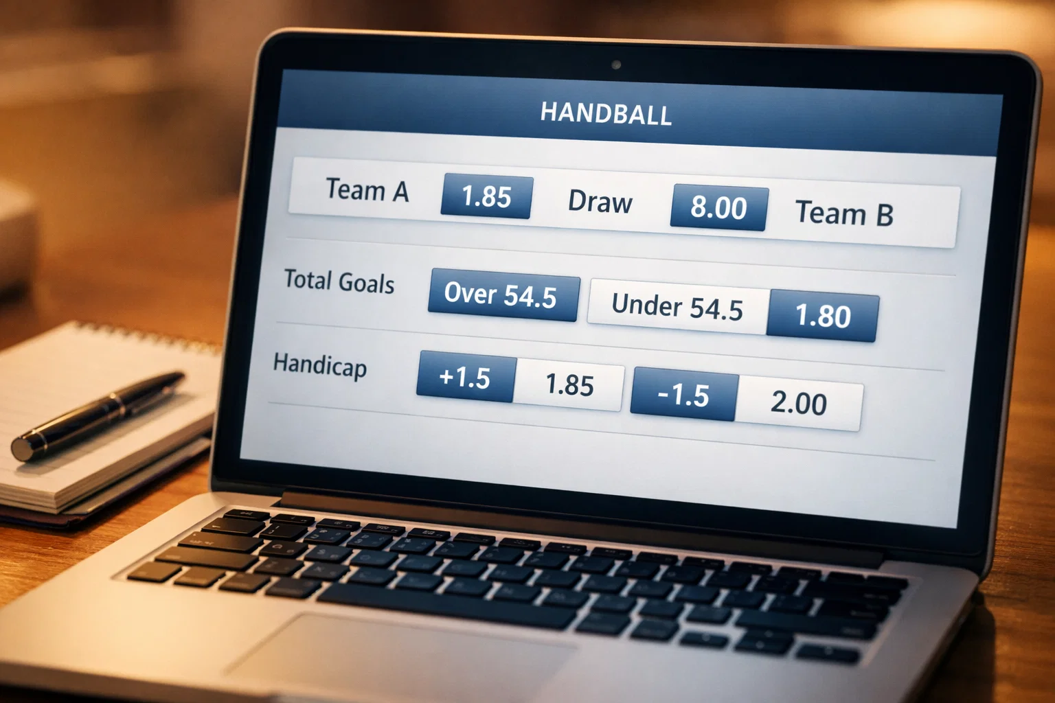 Écran d'ordinateur affichant les cotes de paris sur un match de handball