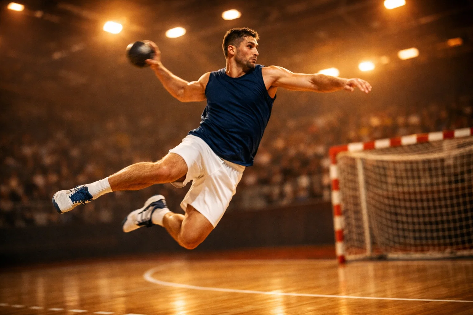 Joueur de handball en plein tir au but lors d'un match en salle