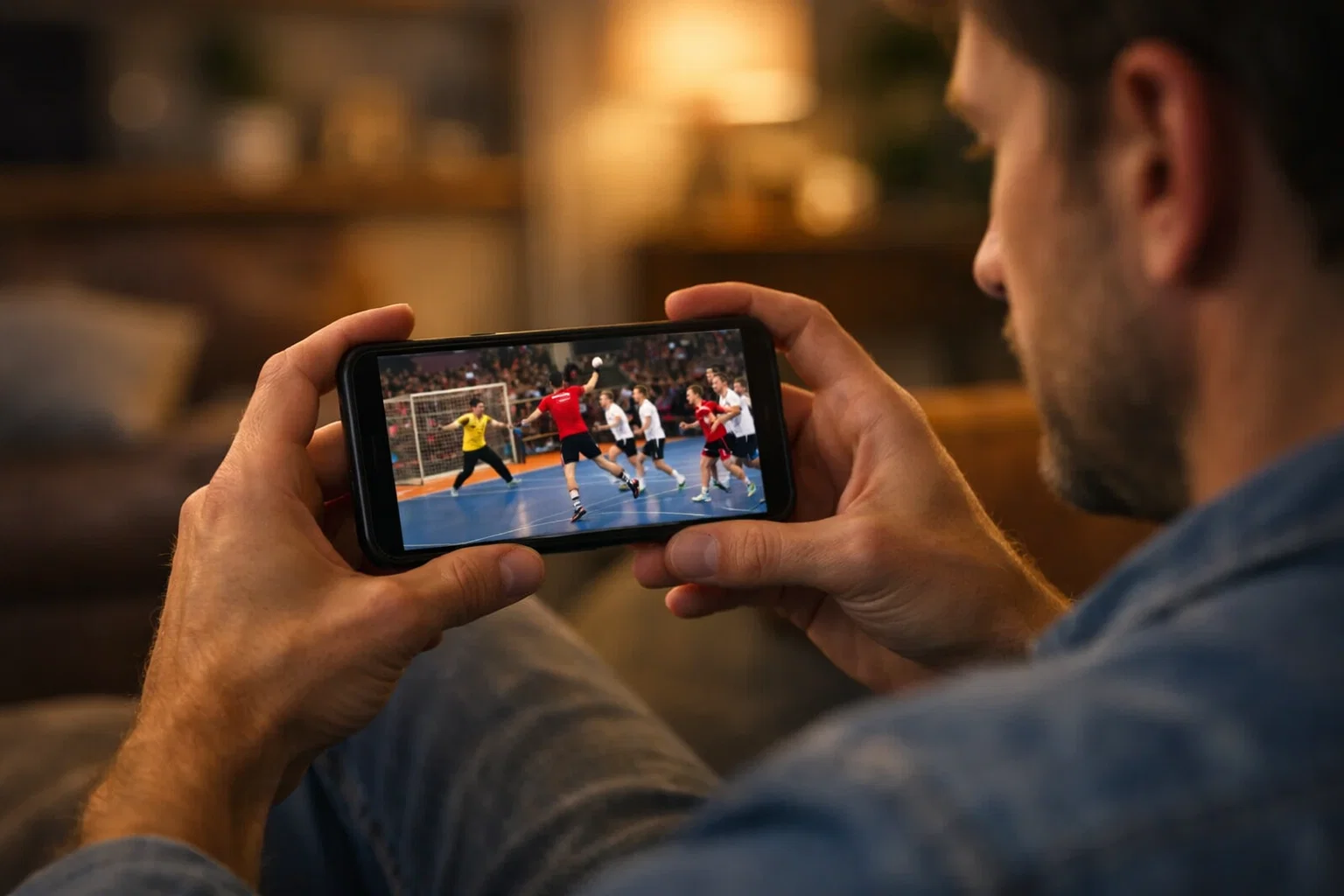 Homme regardant un match de handball en direct sur son smartphone pour parier