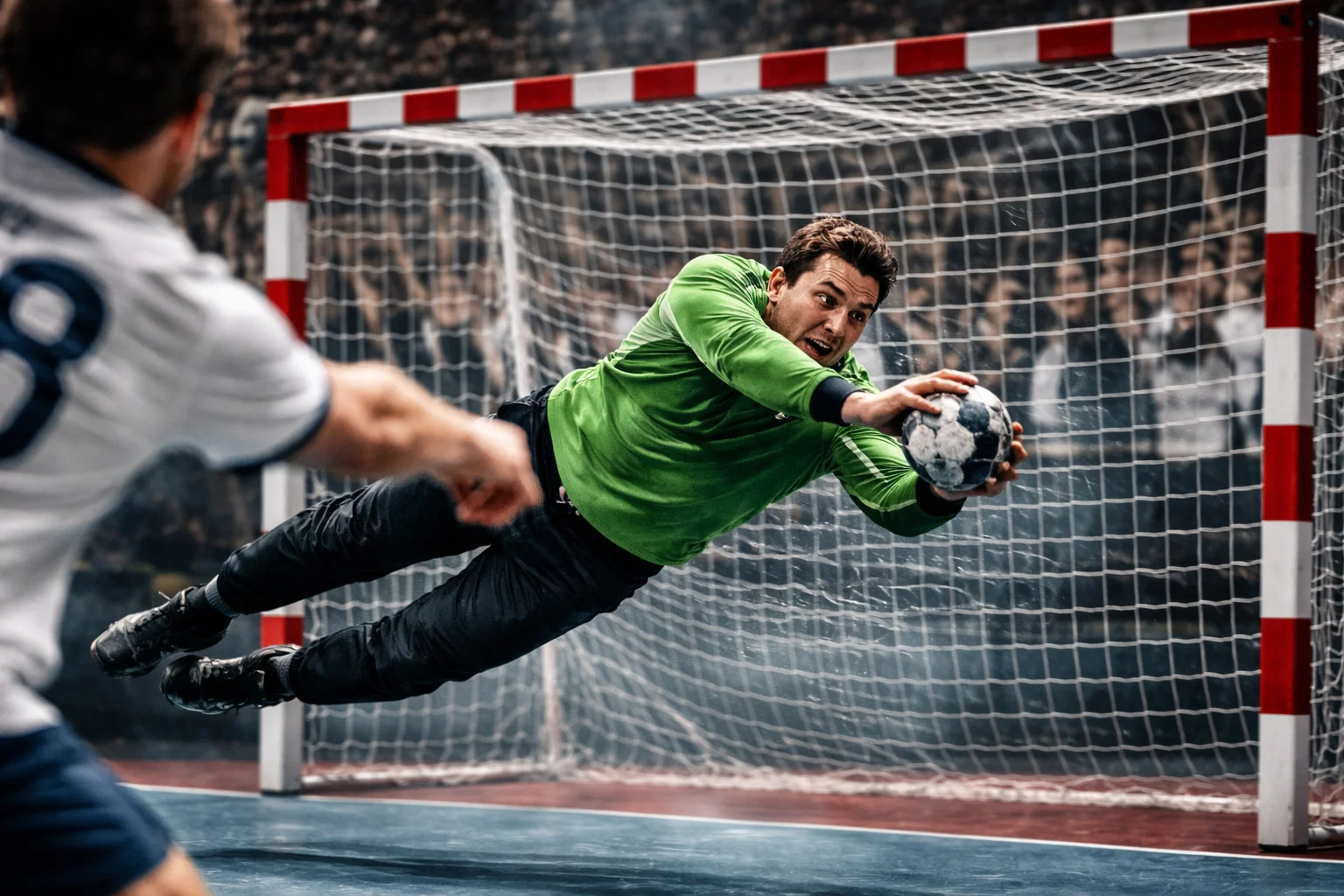 Action de handball en gros plan avec un gardien face à un tireur dans une ambiance de salle vibrante