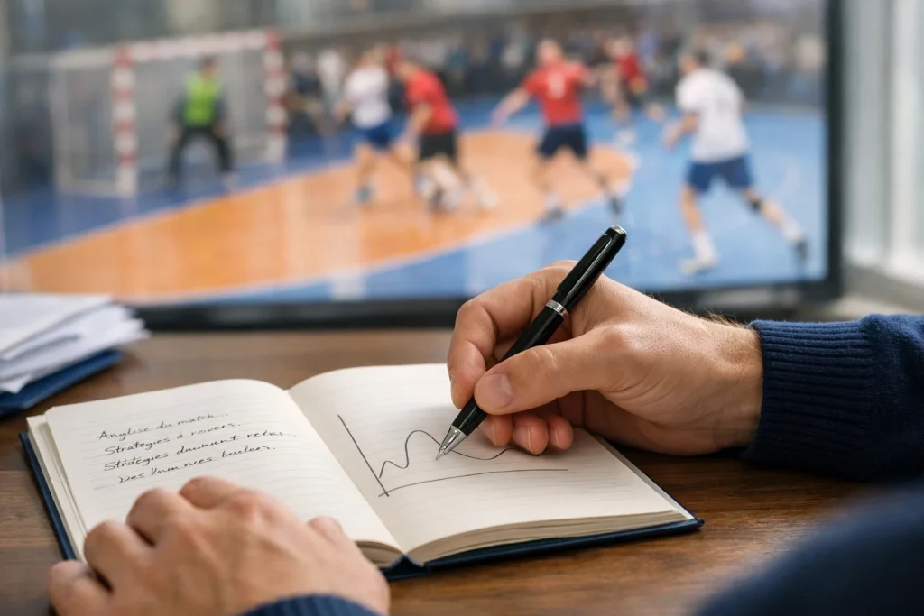 Personne analysant des statistiques de handball sur un carnet avec un terrain de handball en arrière-plan
