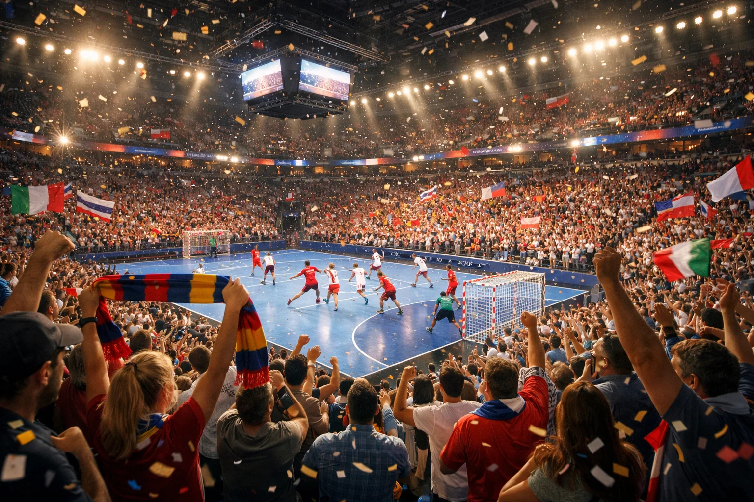 Supporters dans une salle de handball avec ambiance électrique