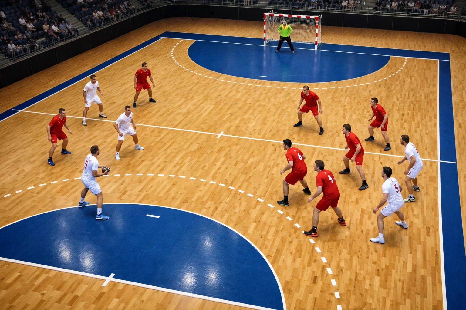 Vue d'ensemble d'un terrain de handball avec les joueurs en position