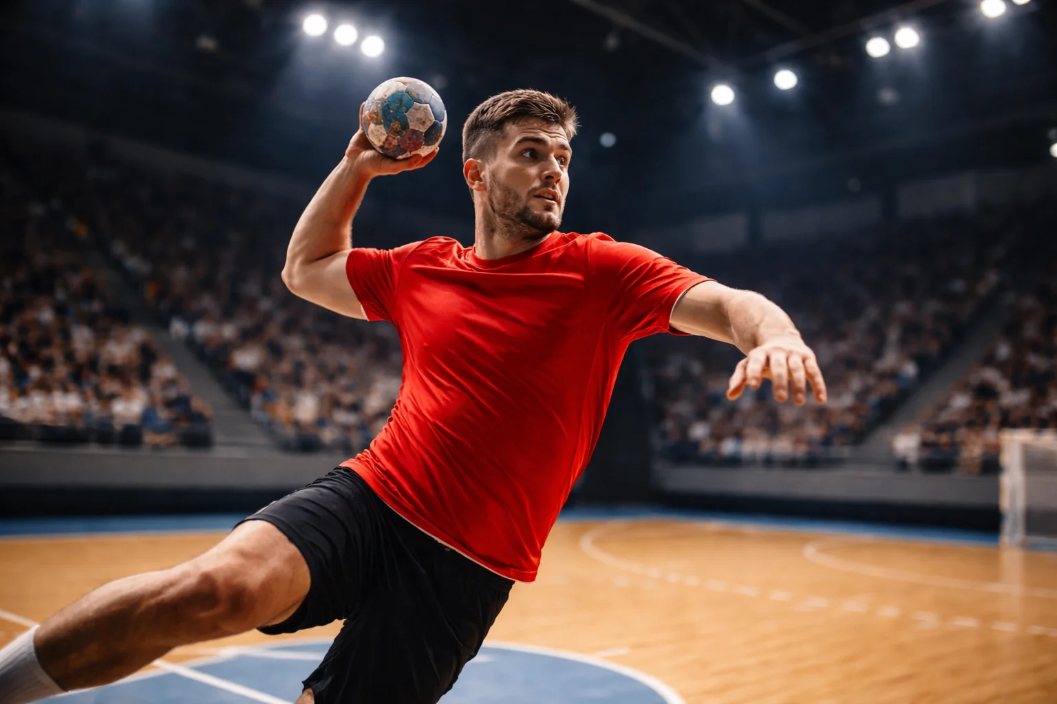 Joueur de handball en plein tir en suspension dans une salle de handball éclairée